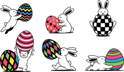 Easter bunnies with colorful patterned eggs playful festive spring holiday celebration vector 