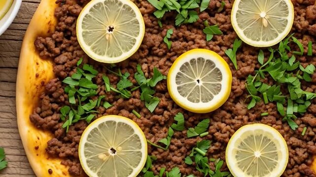 Culinary Delight: A close-up shot of a meticulously prepared pizza, topped with a rich mixture of minced meat, garnished with fresh herbs, and punctuated with vibrant lemon slices.