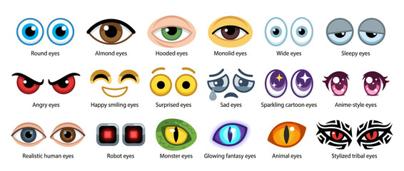 A collection of various cartoon eye styles with different expressions and designs.