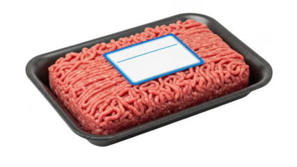 Raw Ground Beef in Plastic Tray with Blank Label isolated on transparent background