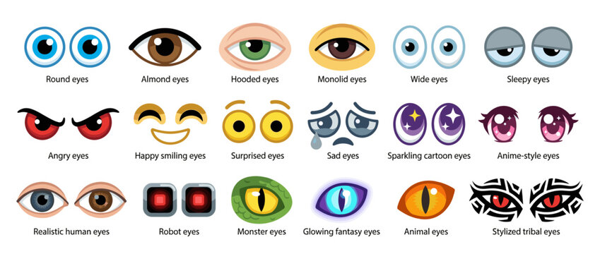 A collection of various cartoon eye styles with different expressions and designs.