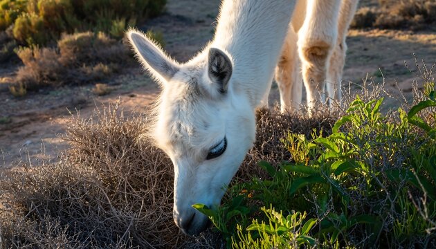 White Alpaca Grazing, Furry Livestock Feeding Outdoors in Sunny Pasture – Farm Animal Photography - Powered by Adobe