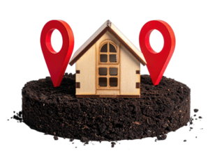 Wooden miniature house placed atop soil, flanked by two red location markers