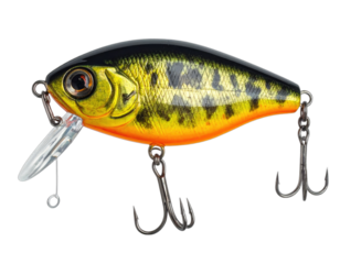 A detailed close-up shot of a hard-bodied, lifelike fishing lure with treble hooks