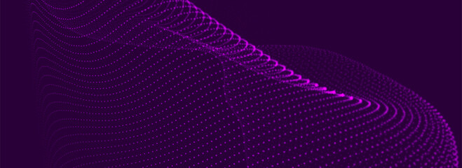 Abstract vector background with a dynamic wave. Streams of bright dots form smooth waves against a dark background. The radiating light creates a sense of depth and elegance. Futuristic 3D dot wave.