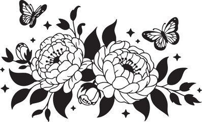 Black and white floral illustration with peonies butterflies and stars © MR JOKER