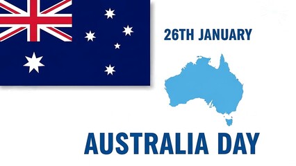 Australian flag and map of Australia with Australia Day text and date 26th January blue white