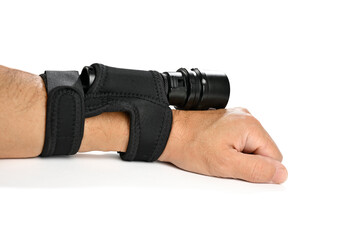 Male hand with elastic wrist splint and underwater light isolated on white background
