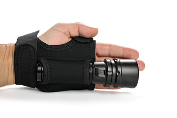 Underwater light in neoprene wrist brace isolated on white background    