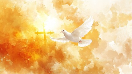 A white dove flying over a cross with a sun in the background. Concept of peace and hope