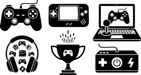 Video game controllers and accessories including trophy and battery vector illustration black icons