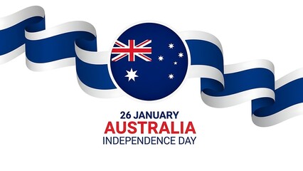 Blue and white ribbon with Australian flag and text celebrating Australia Independence Day on 26 January