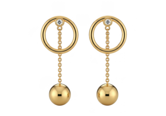 Gold hoop earrings with dangling sphere and diamond isolated on transparent background for jewelry advertising, luxury gifts