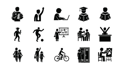 Collection of black silhouette pictograms representing various educational activities student life milestones and general school related icons in a set
