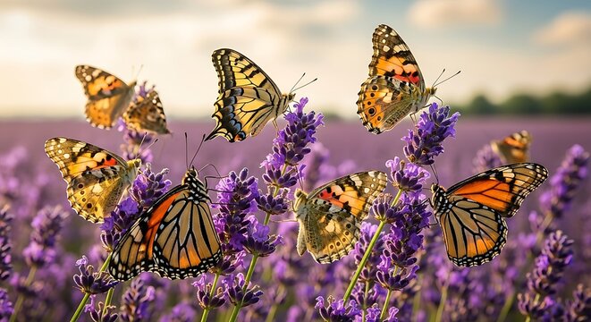 Monarch butterflies in lavender field flying.