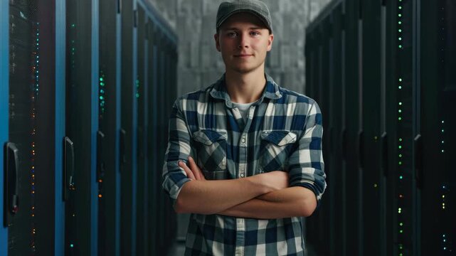 Young professional standing inside a server room with high-performance computing equipment
