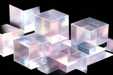 Translucent geometric cubes arranged in a scattered formation. The cubes reflect light, creating a colorful, iridescent effect against a black background.