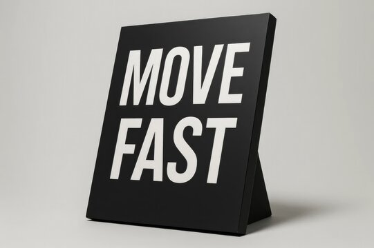A black sign with bold white text that reads 'MOVE FAST'. The sign is displayed on a simple stand, emphasizing a motivational message. - Powered by Adobe
