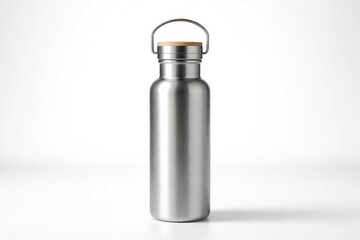 A sleek stainless steel water bottle with a wooden cap. The bottle is cylindrical and has a shiny finish, ideal for hydration on the go.