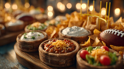 game day snack setup, close-up of a super bowl snack stadium with mini goalposts, edible fans, and assorted dips, sharply focused against a blurred background