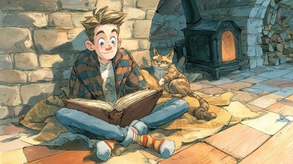 A boy is reading a book while a cat sits next to him. The boy is wearing a plaid jacket and he is enjoying his book. The cat is looking at the boy with curiosity. The scene is cozy and peaceful