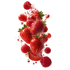 Strawberries and raspberries splashing in liquid isolated on a transparent background