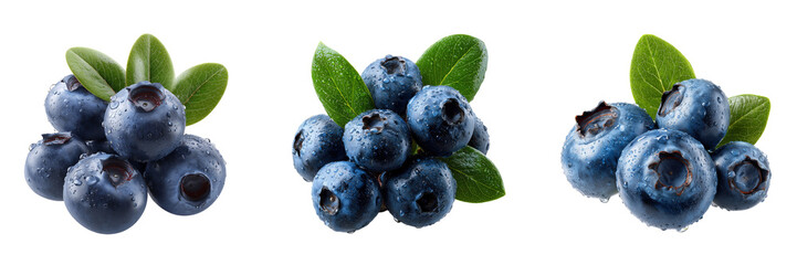 Three clusters of fresh blueberries with leaves isolated on a transparent background