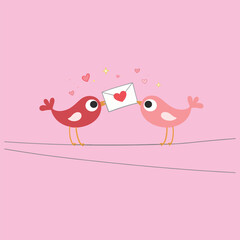 romantic illustration of two cartoon birds standing on a wire and holding a love letter with heart symbol, sweet valentine themed artwork in simple flat style, perfect for valentine&rsquo;s day