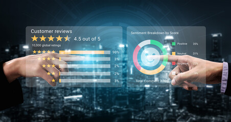 Two hands pointing at customer reviews and sentiment breakdown charts displayed on a digital screen against an urban landscape, emphasizing feedback role in business success. Gantry