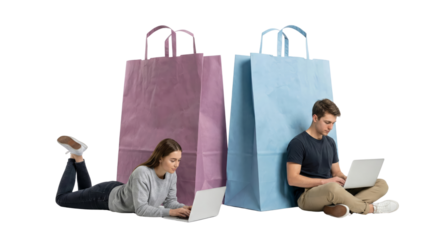 Young male and female with large paper shopping bags using laptops on a black background isolated