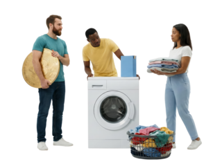 People engaging in laundry process with washing machine and folded clothes isolated on transparent