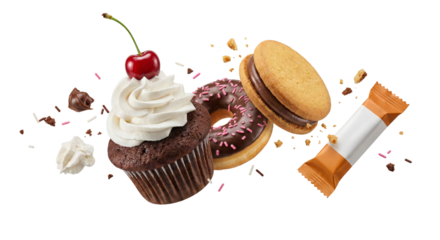 Delicious assortment of sweet baked goods and treats isolated on transparent background