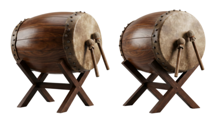 pair of traditional wooden drums with drumsticks resting on stands isolated transparent background
