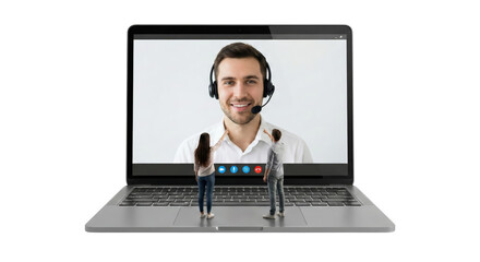 virtual customer support interaction with smiling representative on digital screen isolated