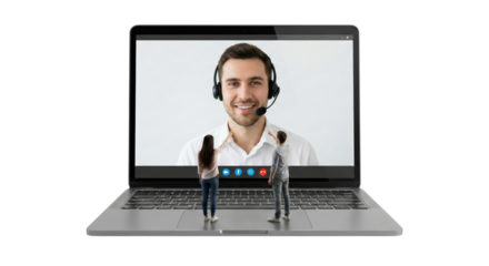 virtual customer support interaction with smiling representative on digital screen isolated