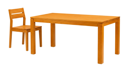 Minimalist wooden table and chair set isolated on a transparent background with black backdrop