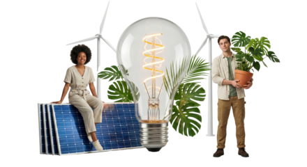 Innovative eco-friendly energy concept with diverse young people and renewable resources isolated