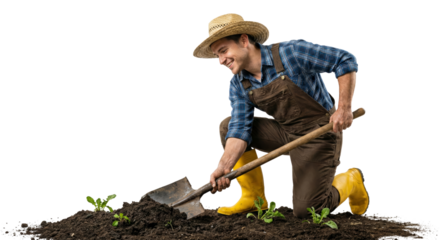 joyful young farmer planting seedlings on a farm with a black background isolated transparent