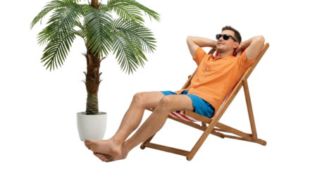 Relaxed man enjoying sunny day lounging in deck chair beside tropical plant isolated on black