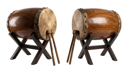 Traditional wooden drums with sticks arranged on black background isolated transparent background