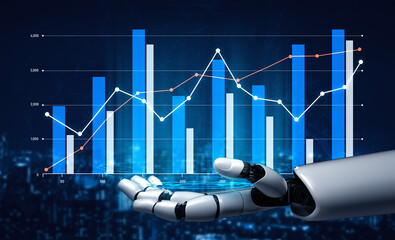 A robotic hand presents a digital graph displaying various data visualizations, including bar and line charts, symbolizing advanced technology in analytics and data-driven decision-making. Scalp