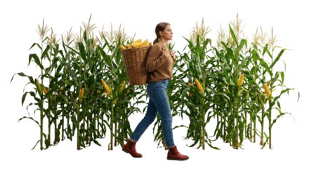 woman with a basket of yellow corn walking through a lush green cornfield with isolated