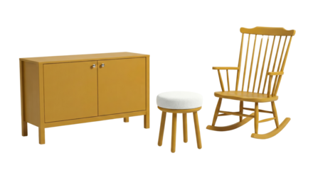 set of minimalist wooden furniture consisting of a yellow storage cabinet a white cushioned stool