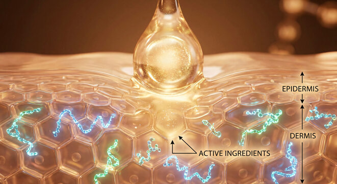 肌の層に浸透する美容液と有効成分の科学的なイラストレーション.