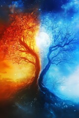 A tree with two branches, one red and one blue, with a moon in the sky. The tree represents the duality of life and the moon symbolizes the passage of time