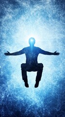 A man is shown in a blue background with his arms outstretched. Concept of peace and tranquility, as the man is in a meditative state