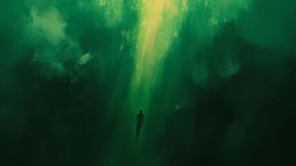 A man is swimming in a green underwater scene. The man is surrounded by trees and the water is murky. Scene is eerie and mysterious