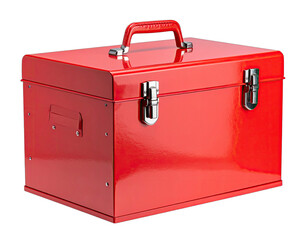 A shiny red metal tool box with a handle and two secure latches against a black background