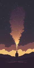 A person stands in front of a large cloud of smoke, with a starry sky in the background. Concept of wonder and awe, as the person looks up at the vast expanse of the universe
