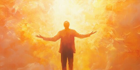 A man is reaching out to the sky in a painting. The painting is full of bright colors and has a feeling of hope and positivity